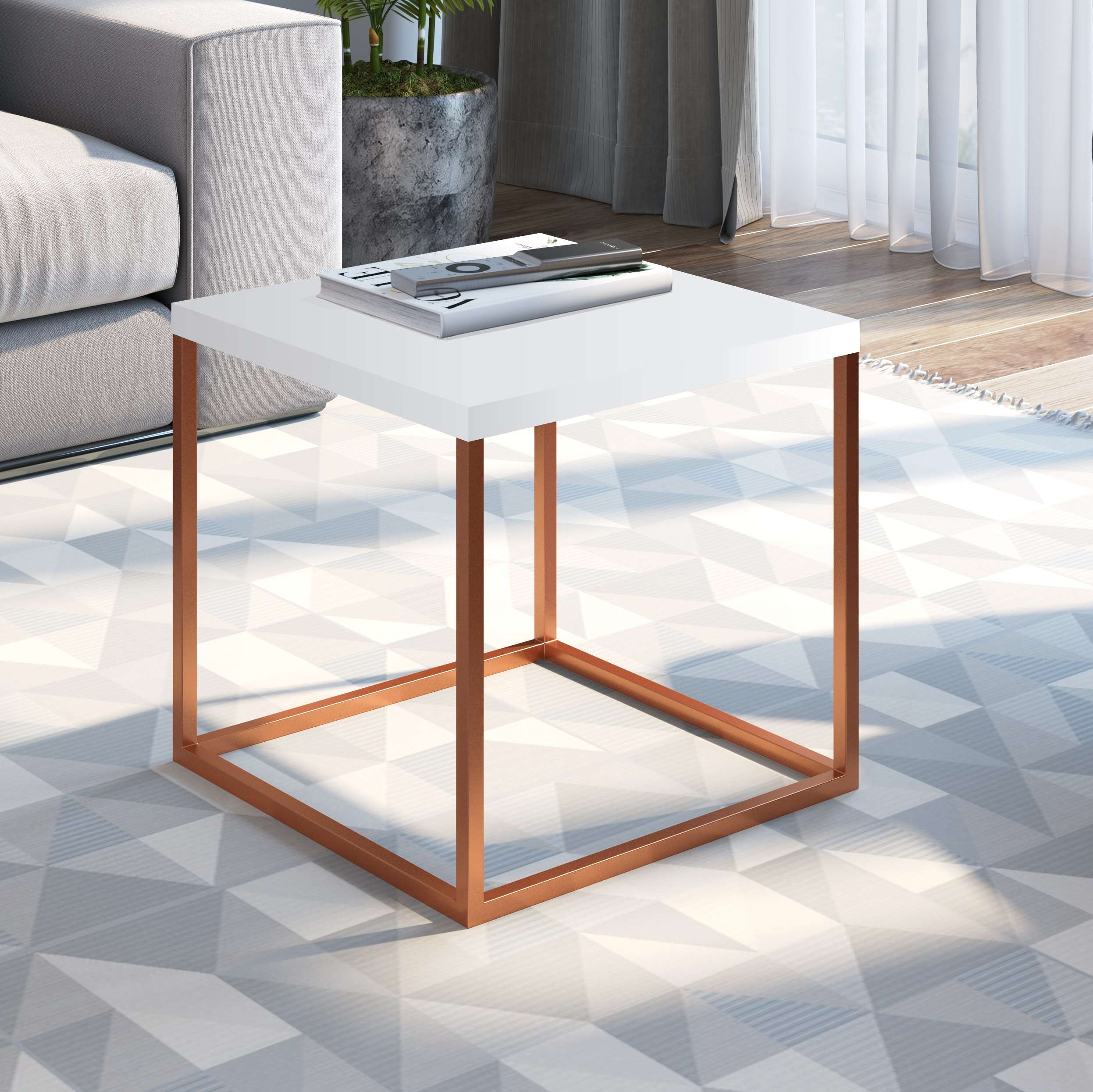 MESA FORMATO CUBO,  TAPA BLANCA PIE COBRE | 24801
